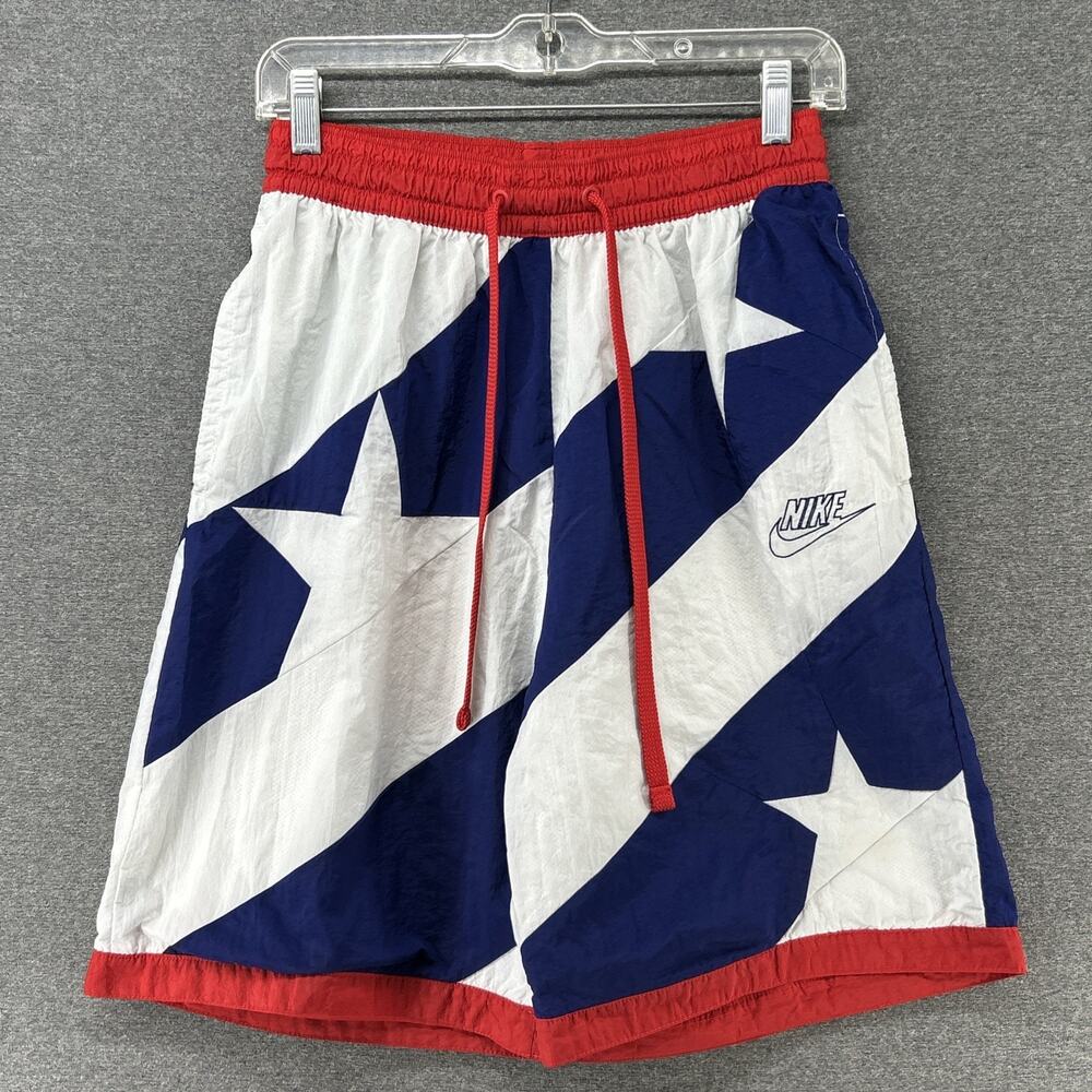 Nike Shorts Men Medium USA Star Flag Print Red White Blue Nylon Mesh Lined Retro
